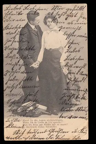 Lyrik-AK Liebespaar mit passendem Gedicht Mut und Schwäche, BERNBURG 30.4.1907