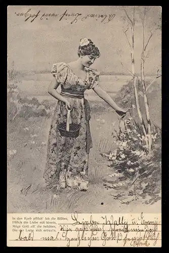 Lyrik-AK Frau beim Blumenpflücken passendes Gedicht, BONN 25.10.1905 nach MINDEN