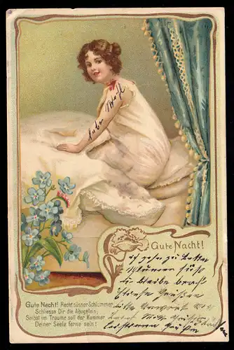 Lyrique femme AK au lit avec poème assorti Bonne nuit! TRAPPSON 27.11.1902