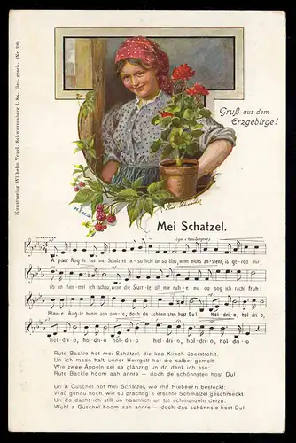 Lyrik-AK Gruß aus dem Erzgebirge! Lied mit Noten Mein Schatzel, ungebraucht