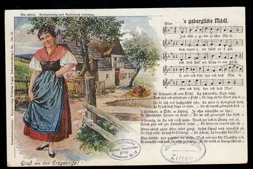 Lyrik-AK Gruß aus dem Erzgebirge! Lied mit Noten 's gebergliche Mädl ungebraucht
