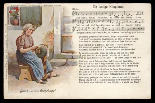 Lyrik-AK Gruß aus dem Erzgebirge! Lied mit Noten De lust'ge Klipplmad, JÖHSTADT