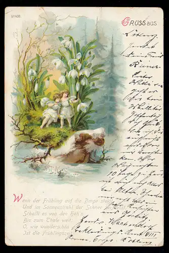 Salutation de poésie AK d'ange sous la neige Pendant le printemps, COBLENZ 17.1.1899