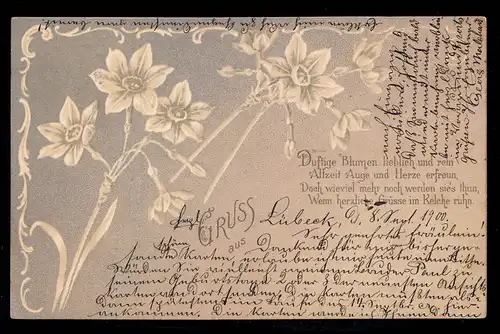 Lyrique AK gris de .. Fleurs, poème langue florale, LÜBECK 8.9.1900