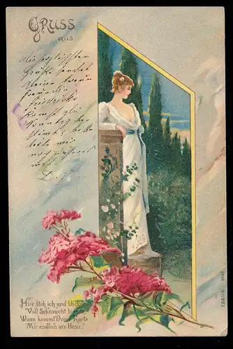 Lyrik-AK Gruss aus ... Frau im Park Gedicht Sehnsucht, MÜNCHEN 19.8.1903
