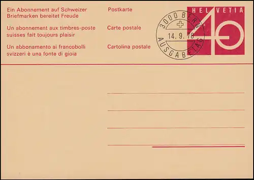 Suisse Carte postale P 238 Grand chiffre 40 rouge/jaune, ET-O BERN 14.9.1978