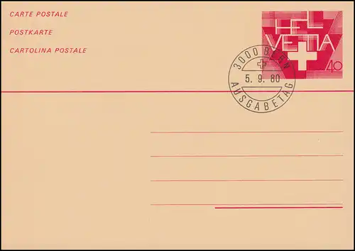 Suisse Carte postale P 239 HELVETIA et Croix Suisse 1980, ET-O BERN 5.9.80