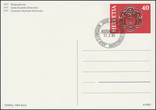 Schweiz Postkarte P 242 Ausstellung TEMBAL 1983 BASEL, ET-O BERN 17.2.83
