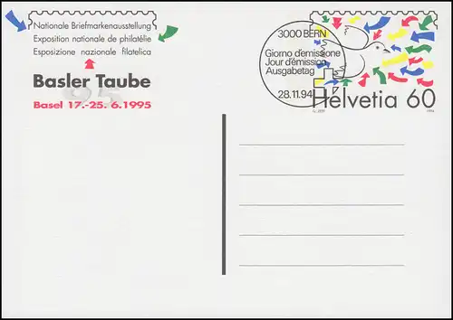 Schweiz Postkarte P 254 Ausstellung Basler Taube 95, ET-O BERN 28.11.84