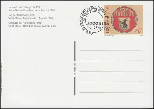 Schweiz Postkarte P 266 Tag der Briefmarke Post-Omnibus 1998, ET-O BERN 25.11.98