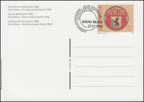Suisse Carte postale P 266 Jour du timbre Post-Omnibus 1998, ET- O BERN 25.11.98