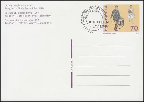 Suisse Carte postale P 258 Journée du timbre Burgdorf 1997, ET-O BERN 20.11.97