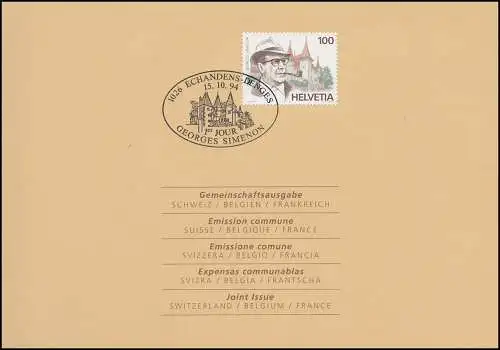 Suisse 1535 Georges Simenon 1994, carte de voeux PTT pour la fin de l'année