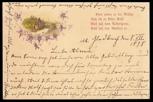 Lyrik-AK Gedicht von der Wassermühle, M.Gladbach 8.7.1898 nach ODENKIRCHEN 9.7.