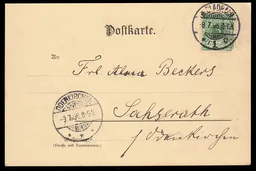 Poème de poésie AK de la Wassermühle, M.Gladbach 8.7.1898 vers ODENKIRCHEN 9.7.