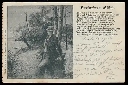 Lyrique AK amoureux homme au lac - Poème Perdue Chance, WÜRZBURG 3.11.1909