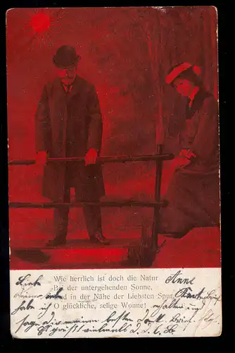 Lyrik-AK Liebespaar am Steg Gedicht Untergehende Sonne, BERLIN 62 - 23.1.1904