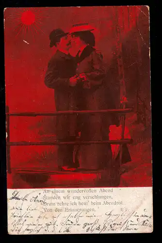 Lyrique AK couple d'amour au piédestal poème Entourages en rouge du soir BERLIN 62 - 9.3.1904