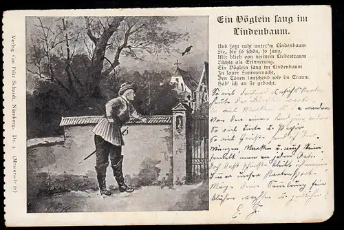 Lyrik-AK Mann am Friedhof Gedicht Ein Vöglein sang im Lindenbaum, beschriftet