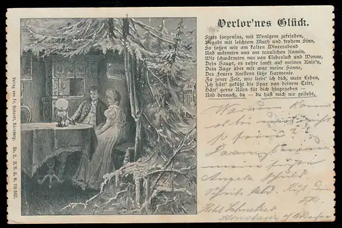Lyrik-AK Liebespaar beim Vorlesen Gedicht Verlor'nes Glück LANDSBERG / LECH 1899