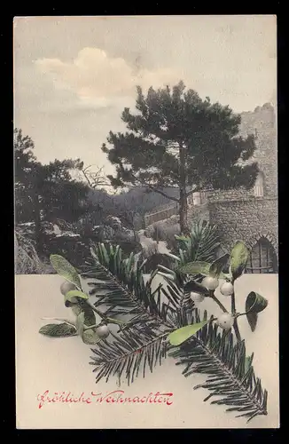 AK Noël: Ruine du château avec sapin et baie, VIENNE 23.12.1908