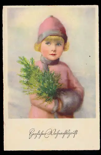 AK Weihnachten: Mädchen in Winterbekleidung mit Muff, BAD EILSEN 23.12.1929