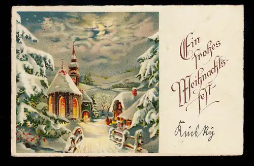 AK Noël: Dorfidylle la nuit avec l'église éclairée, FRANÇAIS KRONE 1938