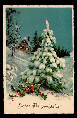 AK Noël: Arbre de sapin enneigé dans le paysage hivernal WEHNDE 24.12.1938