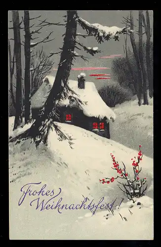 AK Noël: Paysage hivernal - Maison éclairée dans la forêt, inutilisé