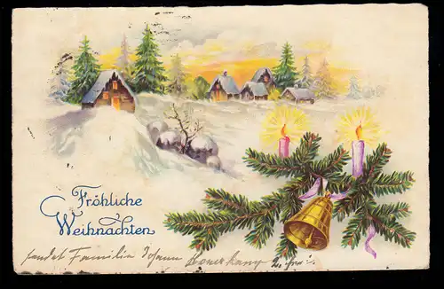 AK Weihnachten: Winterlandschaft - Dorfidylle Kerzen Glocke OSNABRÜCK 24.12.1932