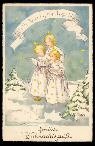 AK Noël: Trois anges chantant la nuit calme, nuit sainte MUNICH 24.12.52