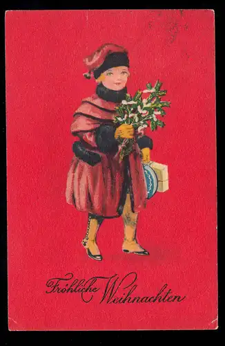 AK Noël: enfant en habit rouge avec bonnet, cadeaux GADENTEDT 24.12.26