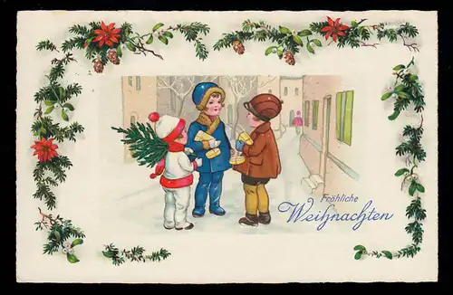 AK Noël: enfants avec des cadeaux dans la rue, Manger 24.12.