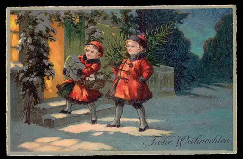 AK Weihnachten: Zwei Mädchen mit Geschenken und Weihnachtsbaum, BOTTROP 21.12.29