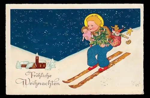 AK Noël: Filles sur skis avec cadeaux, BAIN DE SALSUL 24.12.1935