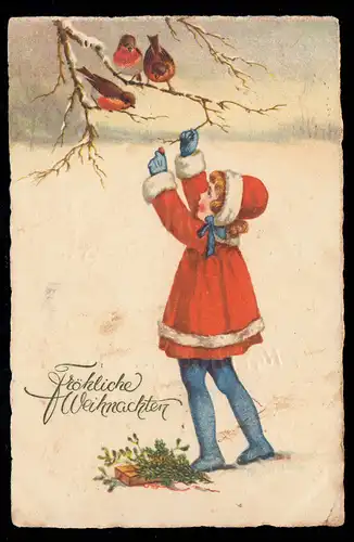 AK Weihnachten: Mädchen füttert Vögel Rotkehlchen im Winter, DUISBURG 22.12.1927
