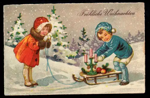 AK Weihnachten: Kinder Schlitten Kerzenständer Äpfel, BOTTROP 26.12.1930