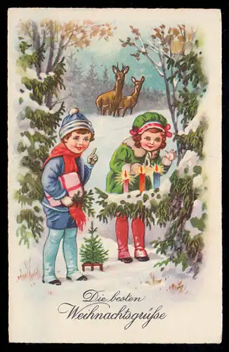 AK Noël: enfants avec cadeau à l'arbre de Noël dans la forêt, inutilisé