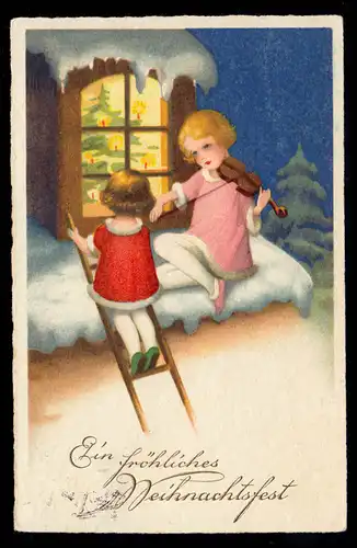 AK Noël: Deux filles jouent avec violon devant la fenêtre, BONN 25.12.1928