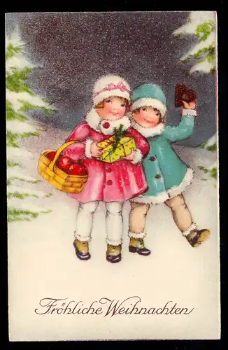 AK Noël: Deux filles avec des cadeaux de cœur de pain d'épice, inutilisé