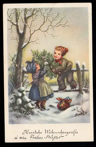 AK Noël: Les enfants tsent l'arbre de Noël sur la clôture, ELZ 1949