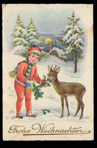 AK Weihnachten: Mädchen füttert Rehbock, BAD SCHMIEDEBERG / HALLE 24.12.1929
