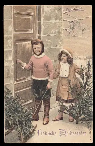 AK Noël: Les enfants distribuent des arbres de Noël à la porte, MÜCHELN (BZ. HALLE)
