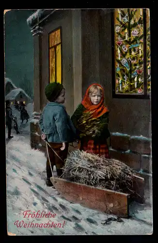 AK Noël: Enfants avec traîneaux et branches de riz, DÜSSELDOF 24.12.1909
