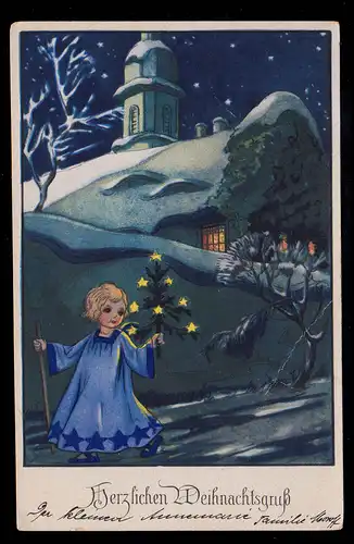 AK Weihnachten: Winterbild mit Kirche - Wandernder Engel bei Nacht, ungebraucht