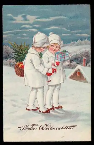 AK Weihnachten: Zwei Mädchen in Weiß mit Geschenken, BLOMBERG (LIPPE) 23.12.1935