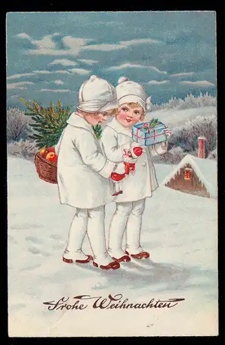 AK Weihnachten: Zwei Mädchen in Weiß mit Geschenken, BLOMBERG (LIPPE) 23.12.1935