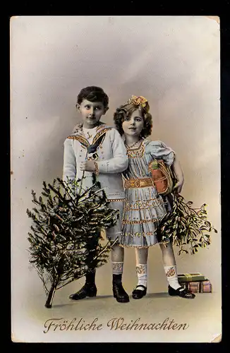 AK Noël: Enfants cadeaux d'arbre de Noël, doré, LANDSHUT 22.12.1913