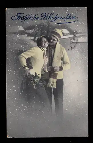 AK Noël: Paysage - Un couple d'amoureux souriant dans la neige HANAU 23.12.13