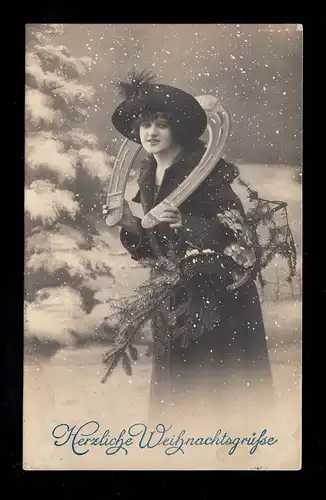 AK Noël: Femme avec fer à cheval autour du cou en cas de chutes de neige, PIETZ 24.12.25